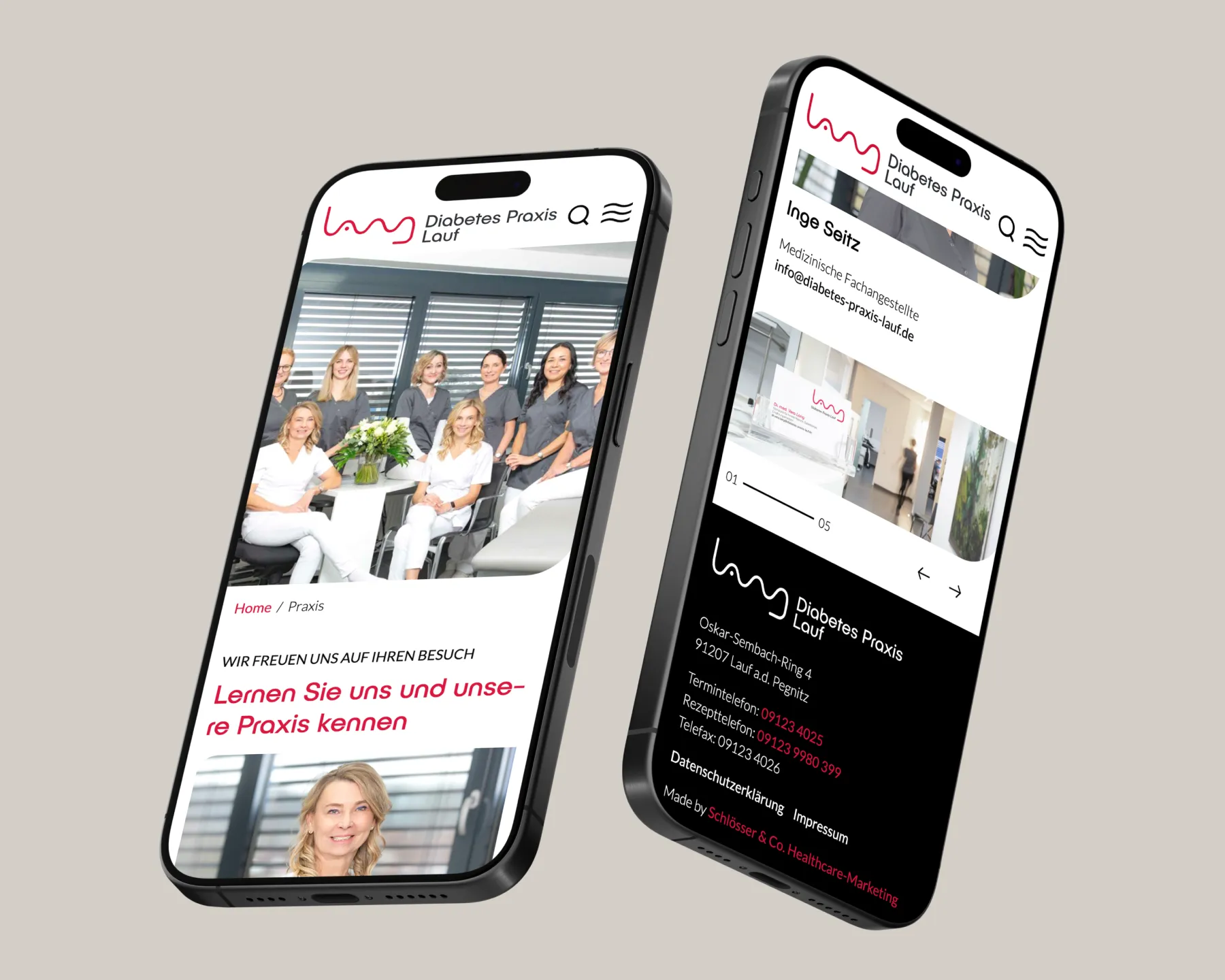 Smartphone-Displays mit der mobilen, barrierearmen Ansicht der neuen Praxis-Website.