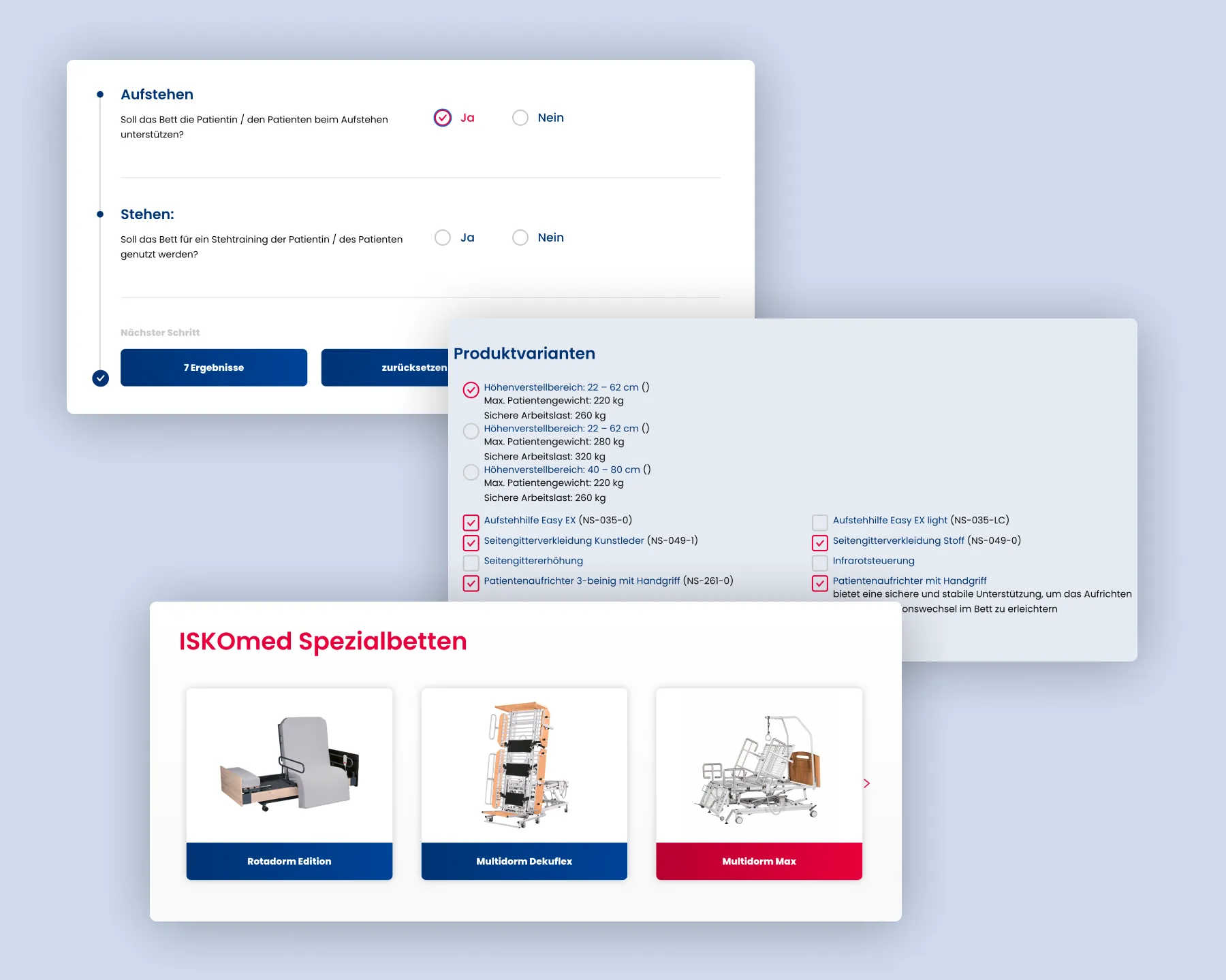 Benutzeroberfläche des digitalen Produktfinders auf der ISKOmed Website.
