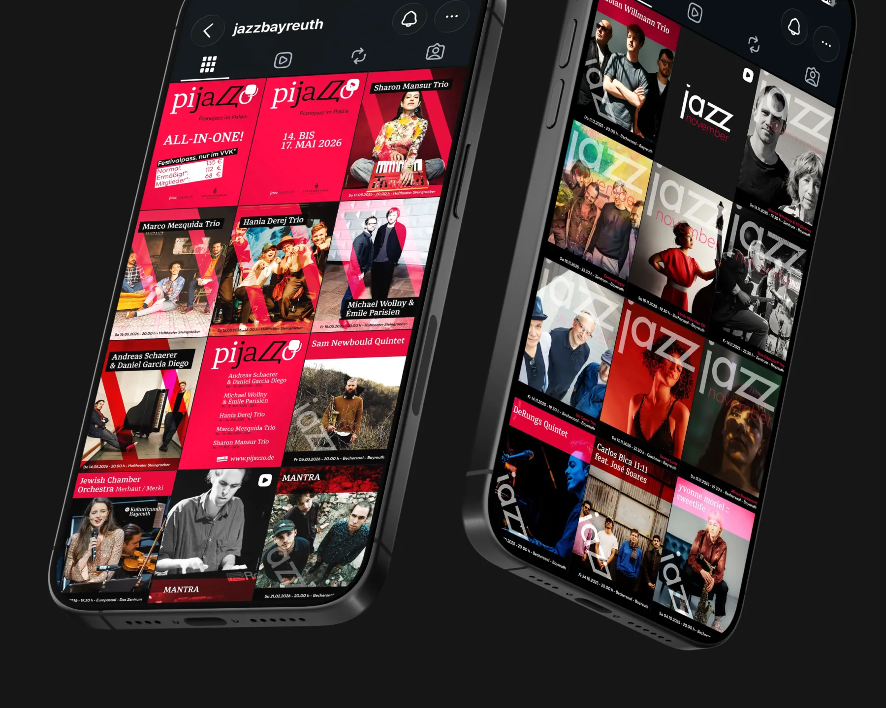 Zwei Smartphones zeigen Mockups von dynamischen Instagram-Posts des Jazzforum Bayreuth.