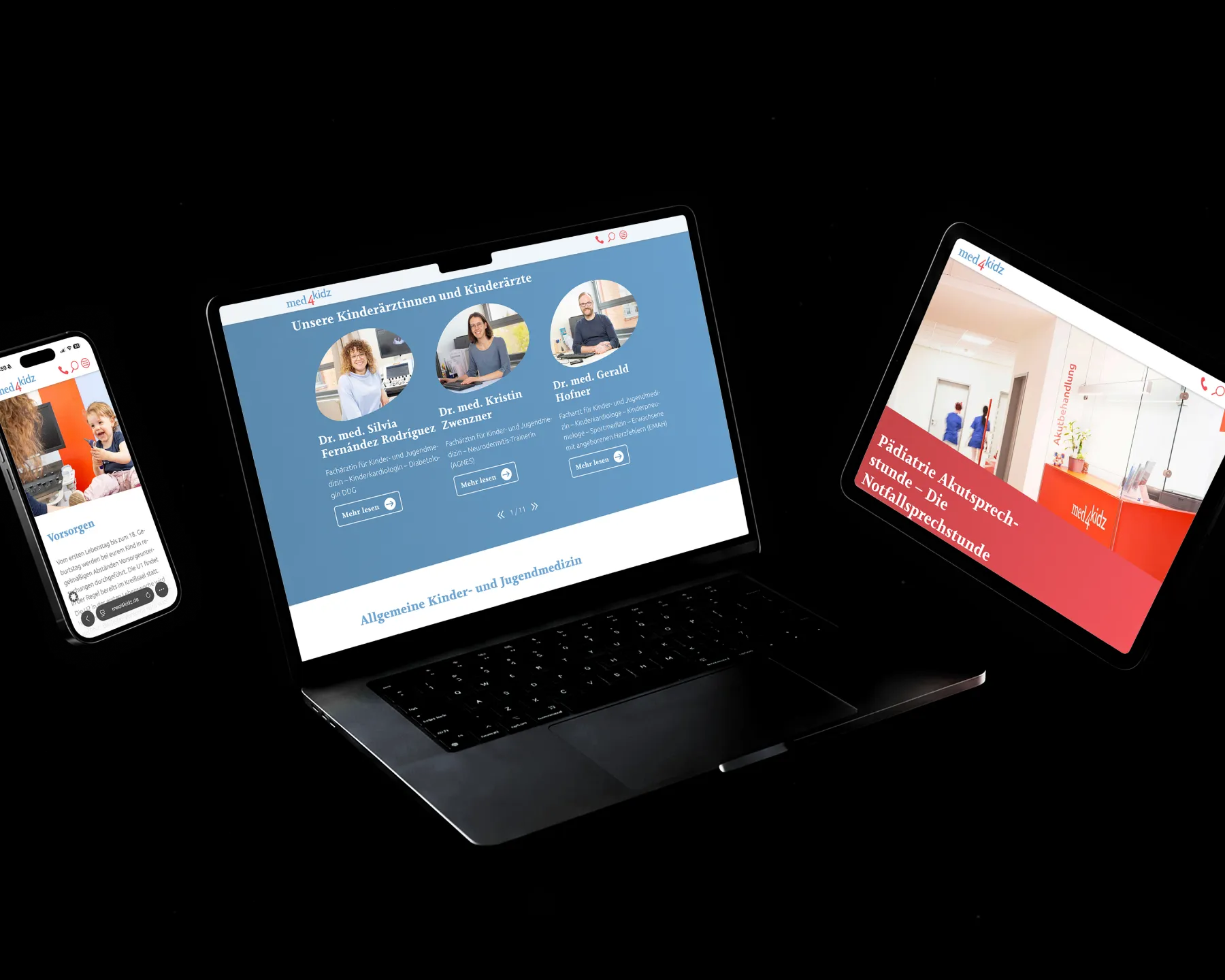Responsive Healthcare-Website von med4kidz in der Ansicht auf Desktop, Tablet und Smartphone.