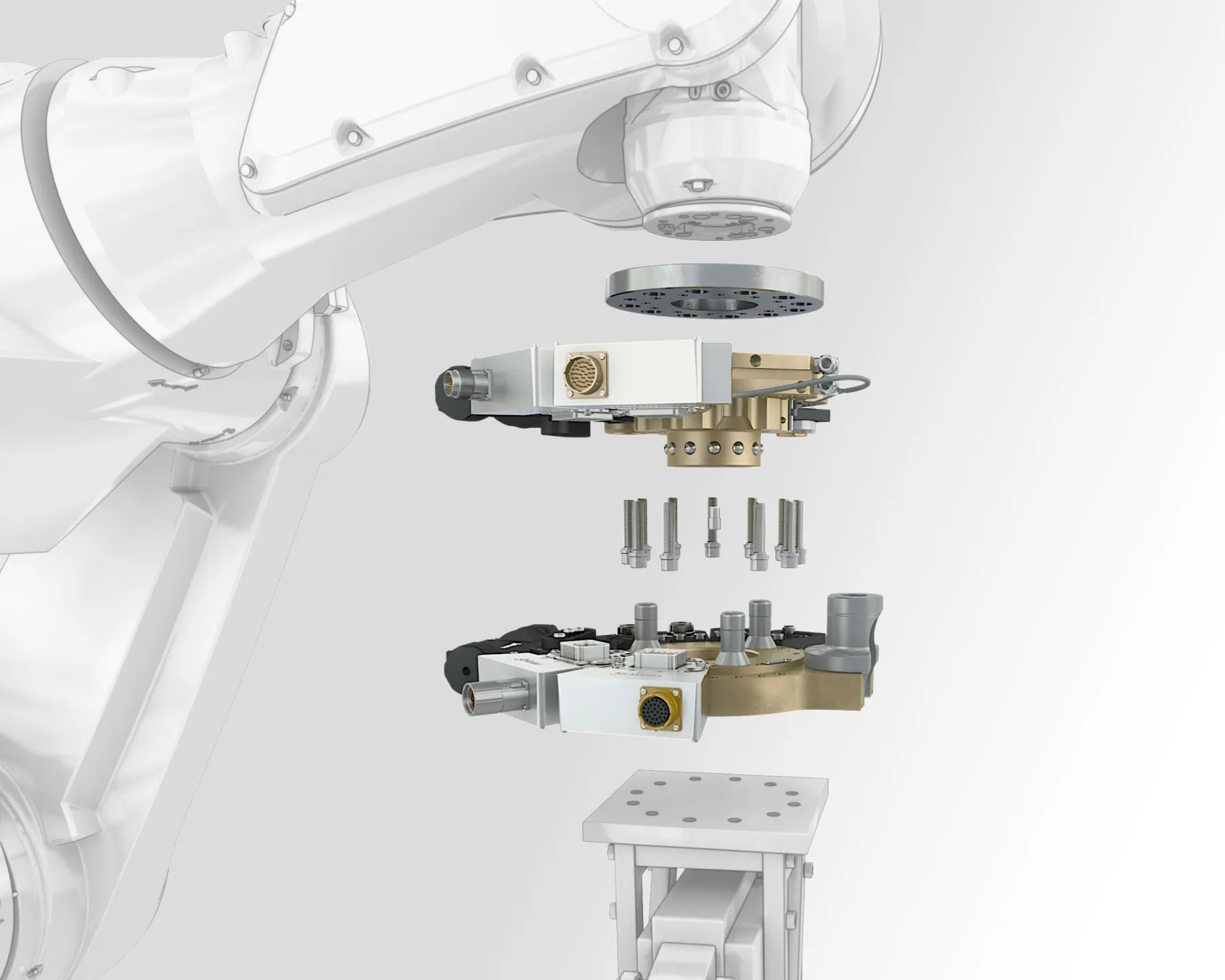 Schematische Darstellung des Aufbaus eines automatischen Roboter-Werkzeugwechselsystems inkl. Roboter und Werkzeug.