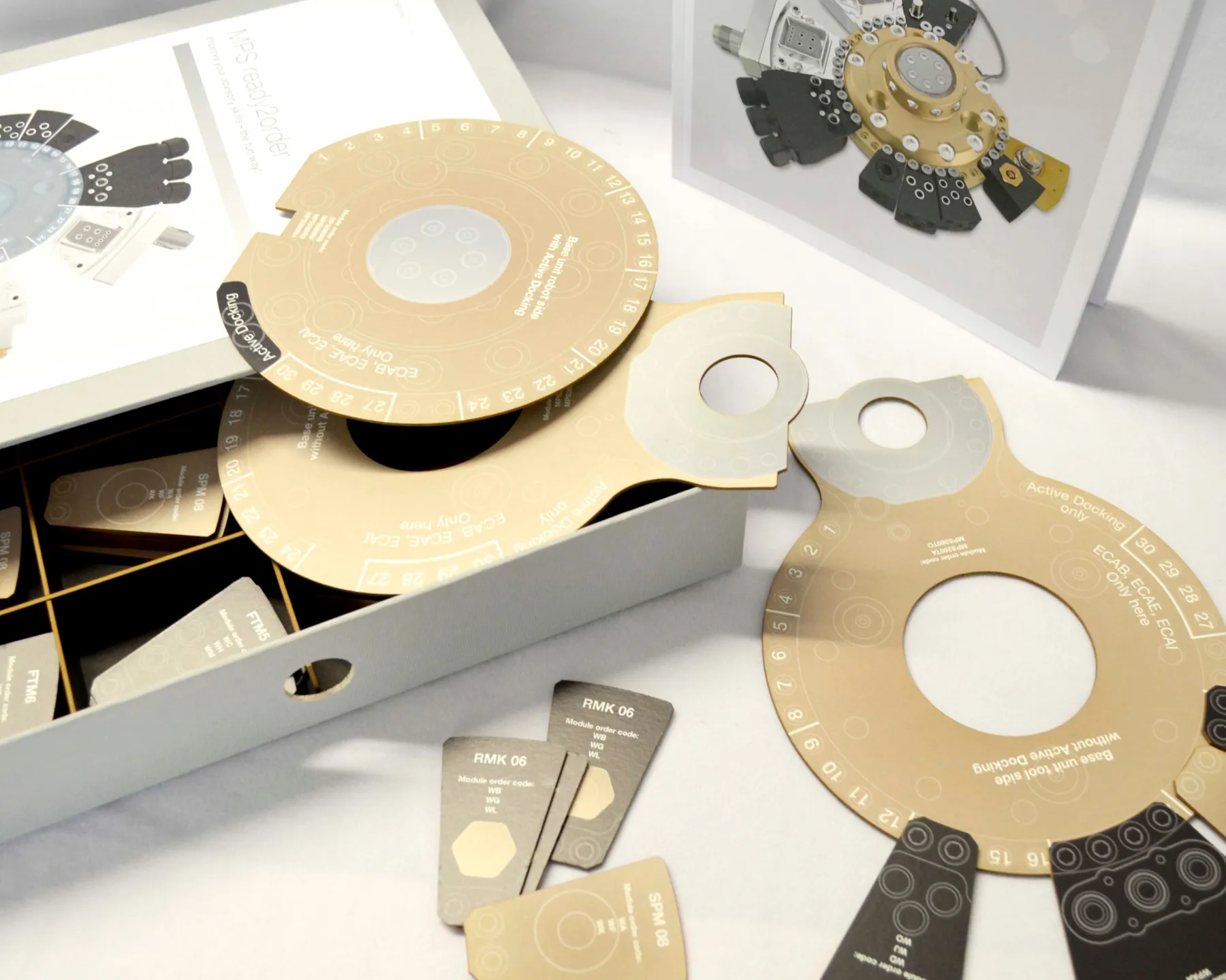 Spielset mit Drehscheiben und Karten zur Konfiguration modularer Roboter-Werkzeugwechselsysteme.